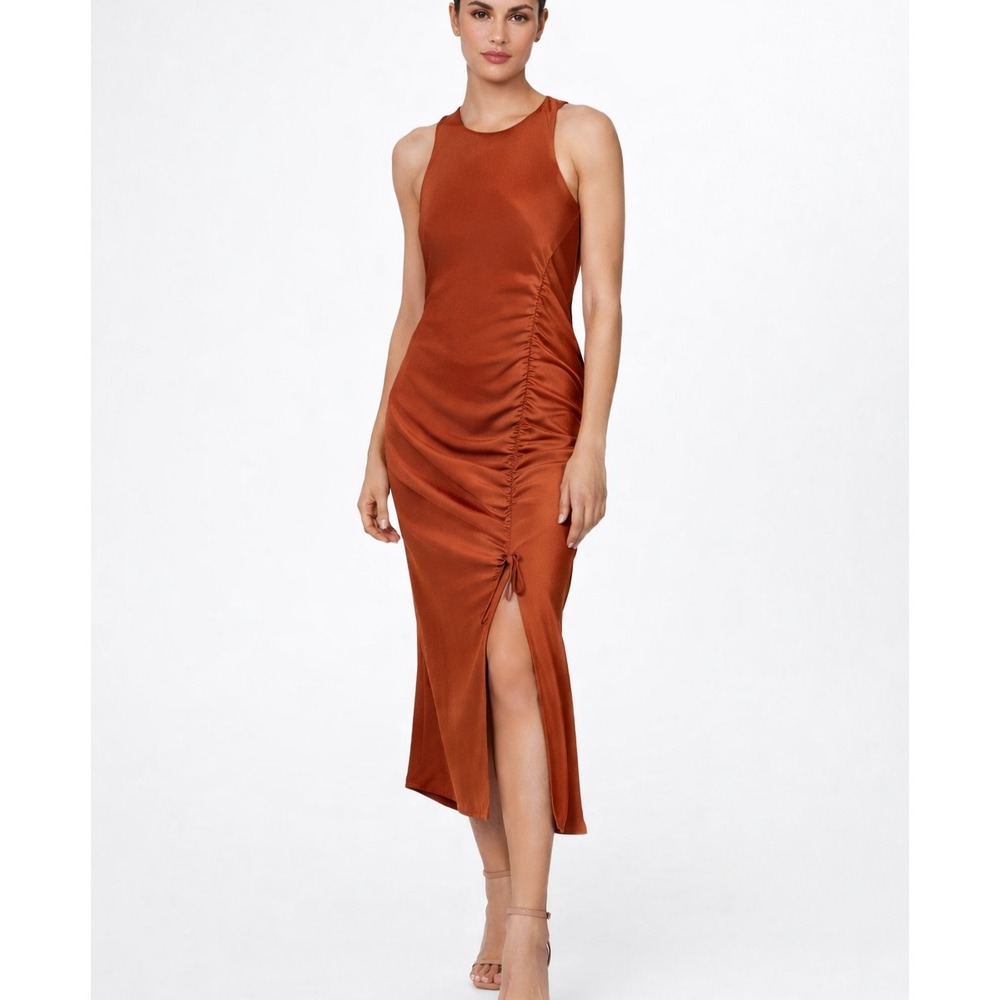 House of Harlow Satin Slip Midi Dress Medium Rust Tank Sheath Ruched Slit NEW